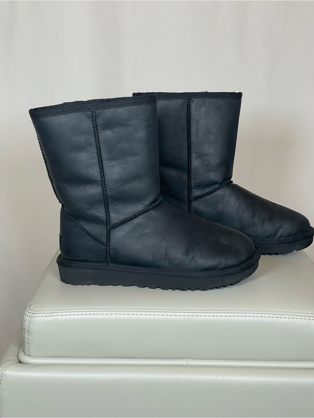 UGG Classic Short Black Leather Women's Shearling-Lined Winter Boots